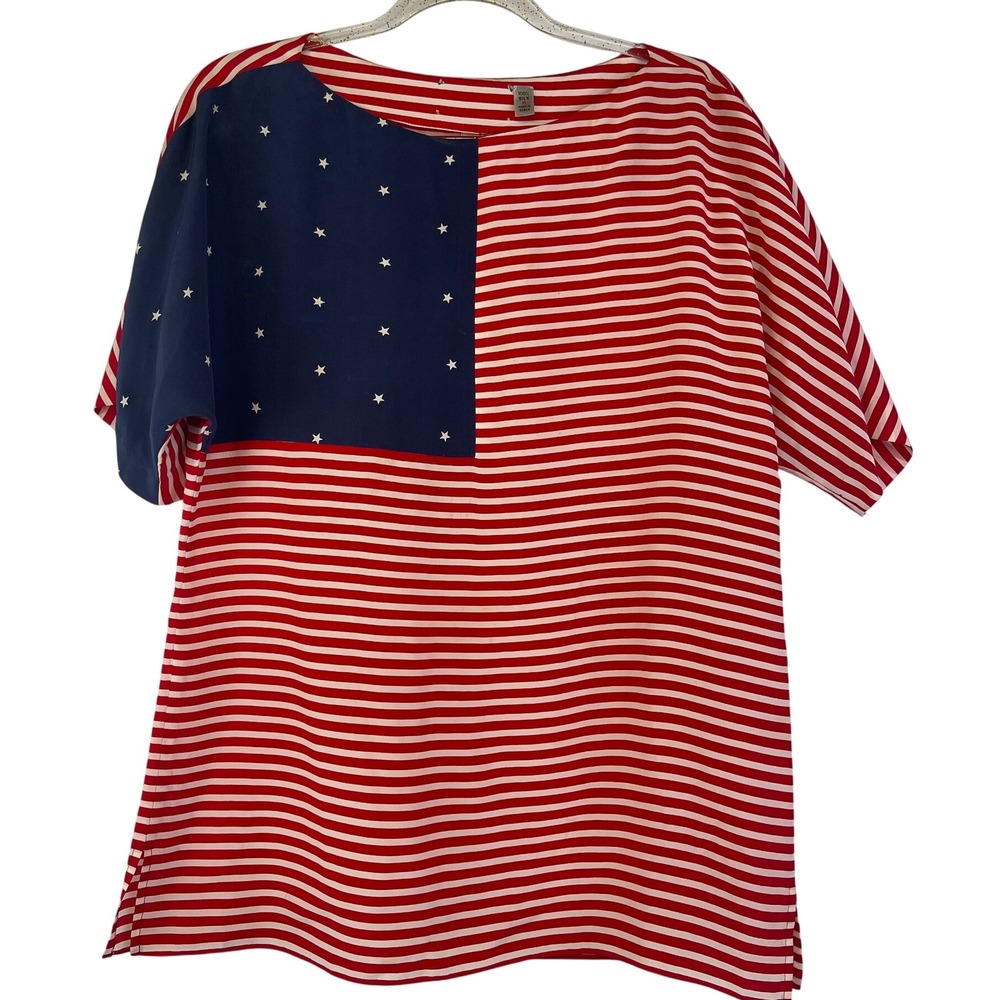 100% Silk American Flag Blouse Vintage, Oversized, Patriotic, red white blue, ML